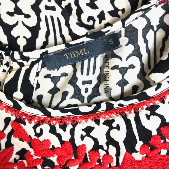 THML Anthropologie B&W Damask w Red Embroidery Top - Picture 5 of 6